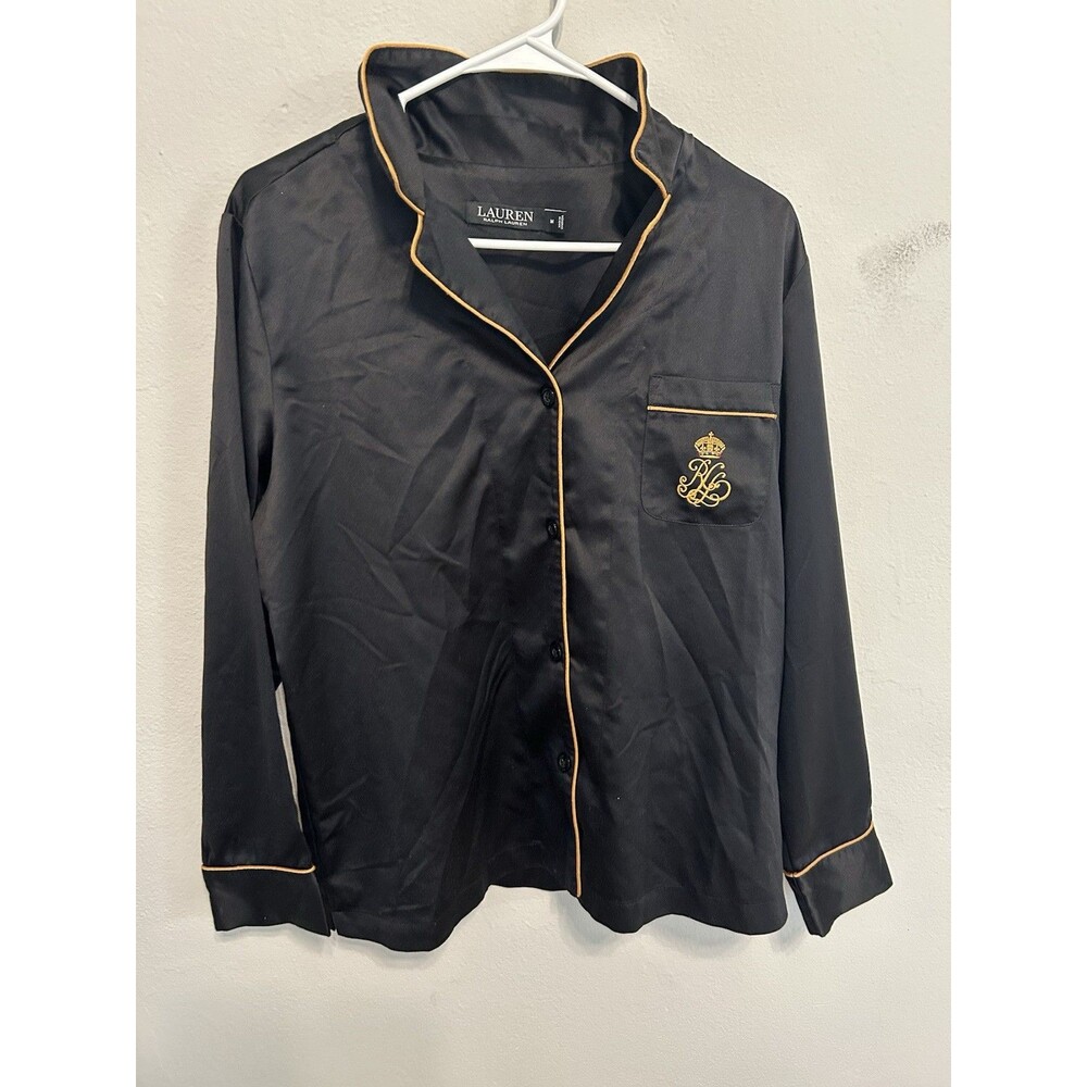 Lauren Ralph Lauren Black Satin Pajama Top Size Medium Printed Pipe Top Preppy
